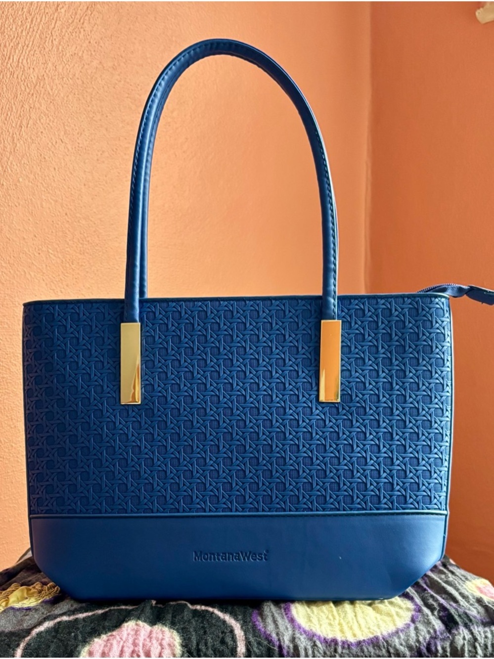 Montana West Royal Blue Textured Tote with Gold Hardware